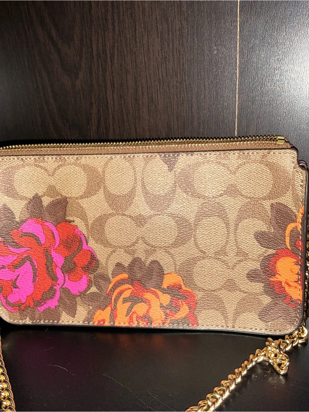 Coach Brown Signature Floral Canvas Crossbody with Gold Chain